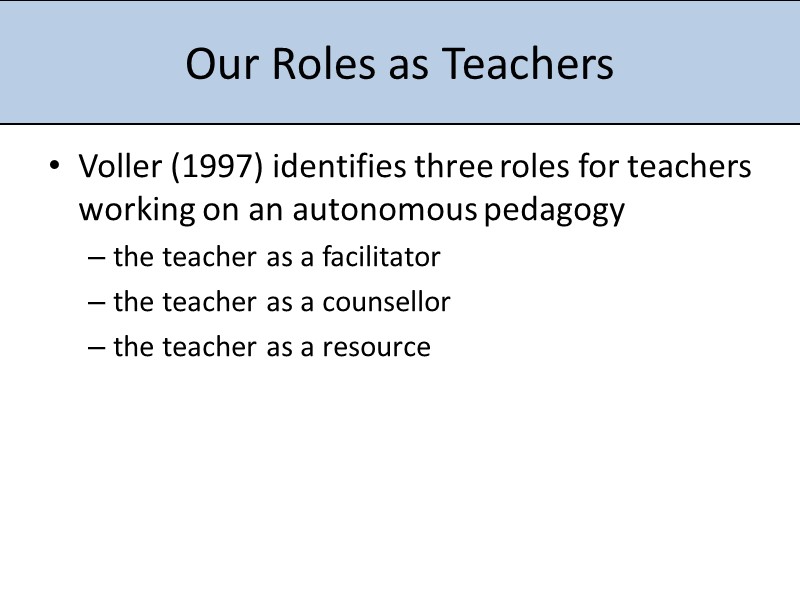 Our Roles as Teachers Voller (1997) identifies three roles for teachers working on an